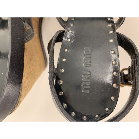 Miu Miu Black Leather Strappy Platform Wedge Sandal Espadrille Studs Size 39.5 - Picture 8 of 16